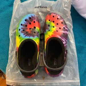 Tie Die fuzzy crocs! Only worn 2 times. Size 12 Women’s and 10 in Mens.